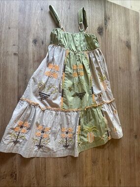 Zara Olive & Cream Embroidered Tiered Sundress with Orange Accents